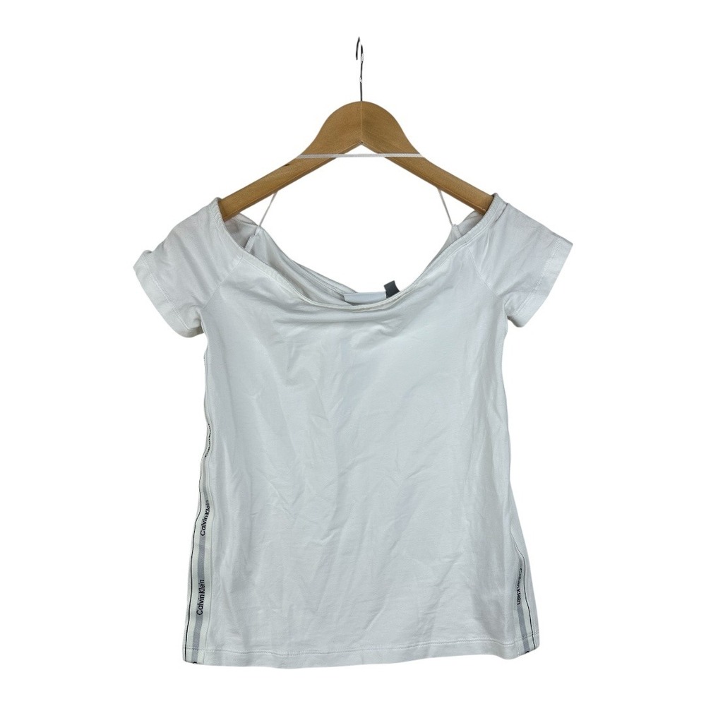 Calvin Klein Logo Side Strip Off Shoulder Blouse size Medium White